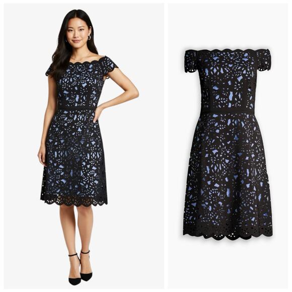 Shani NWT Black Purple Off Shoulder Laser Cut Floral Fit & Flare Dress 4 - Picture 1 of 16